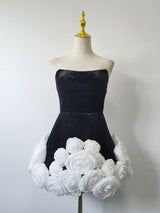 flower-embellished-hem black strapless mini dress