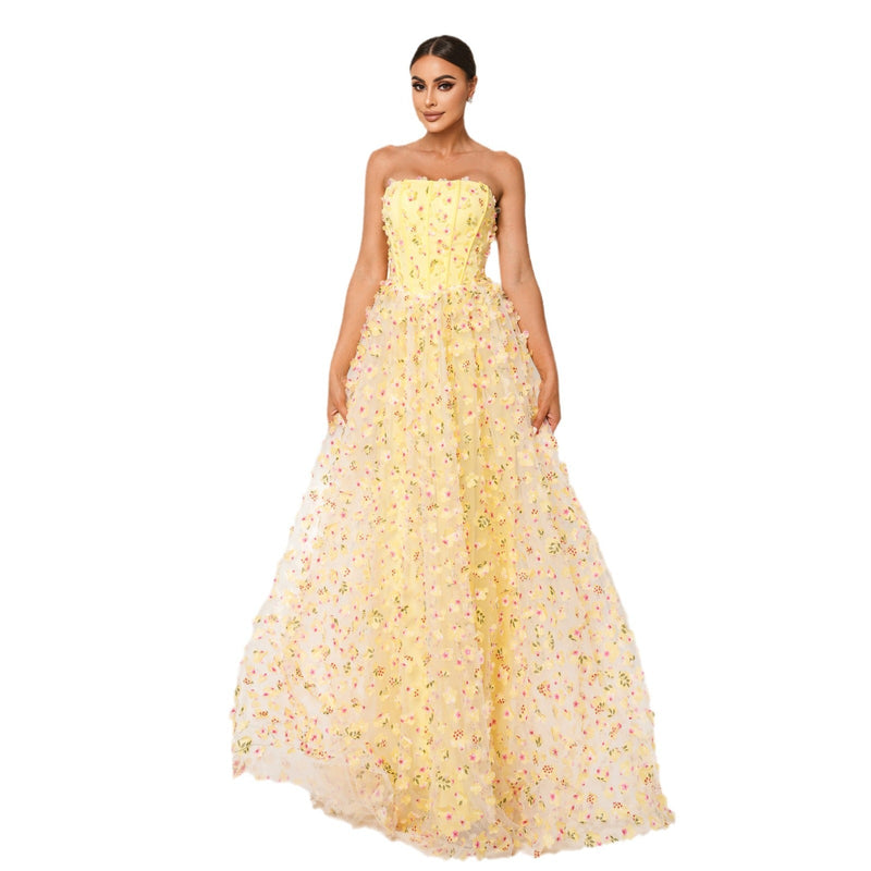 DIANA STRAPLESS FLORAL EMBELLISHED MAXI DRESS IN YELLOW