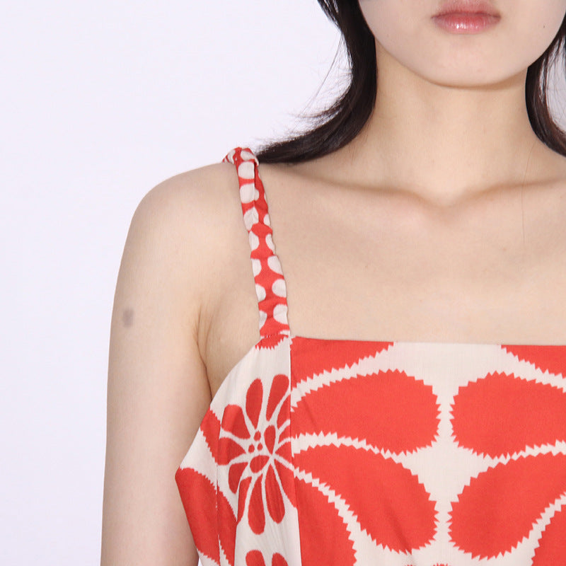 STRAP PRINTED MIDI DRESS IN RED