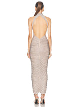 ruched sequin bodycon maxi dress in apricot