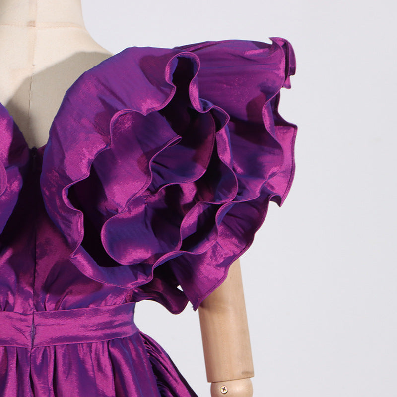 RUFFLES SATIN MINI DRESS IN PURPLE