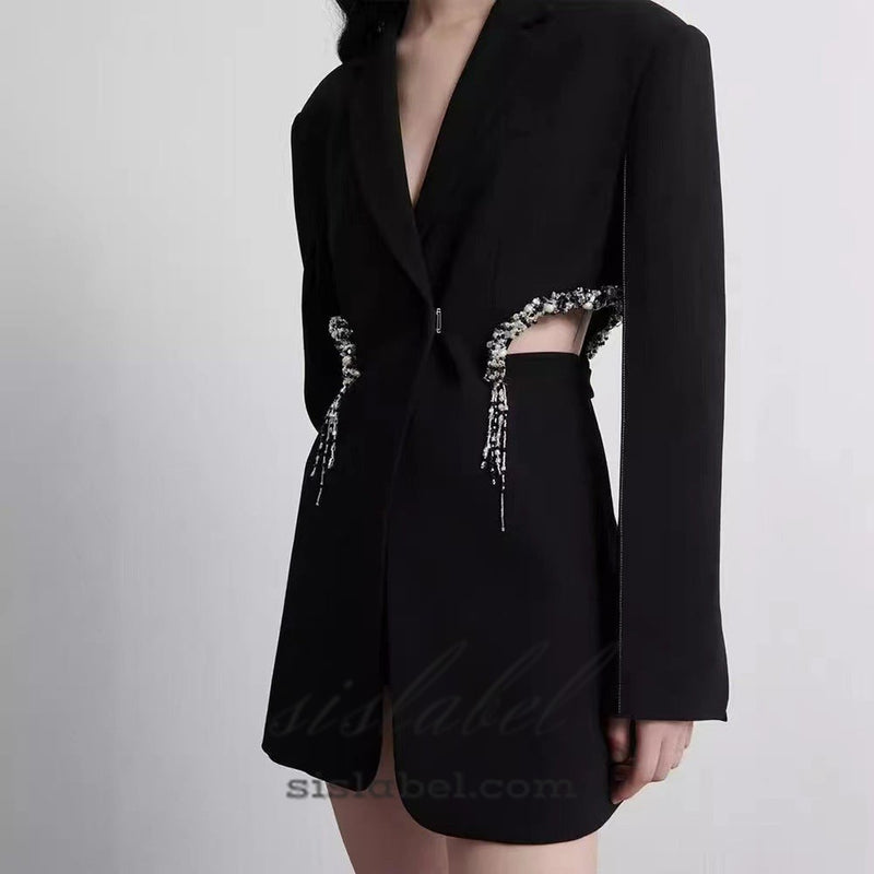 crystal-embellished cut out blazer dress in black