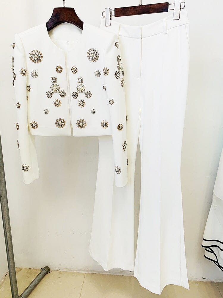 EMBELLISHED BEADED JACKET SET IN WHITE