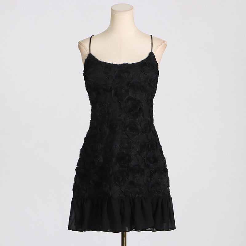 FLORAL APPLIQUÉ PLEATED HEM MINI DRESS IN BLACK