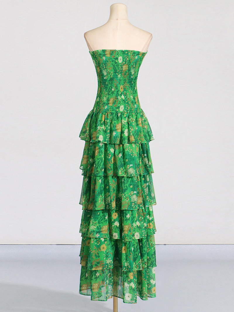 STRAPLESS LAYERED BANDEAU FLORAL PRINT MAXI DRESS IN GREEN