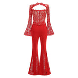 lace-embellished trumpet sleeve jumpsuits in red