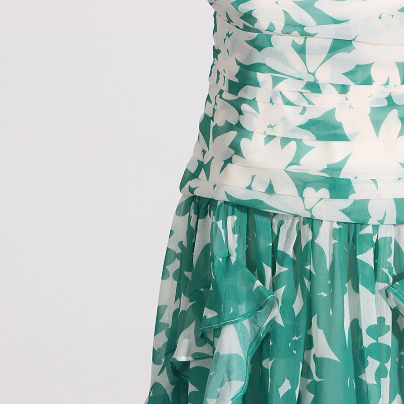 PRINT STRAPLESS CONTRAST MAXI DRESS IN GREEN