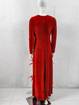 3d feather flower velvet maxi dress in red