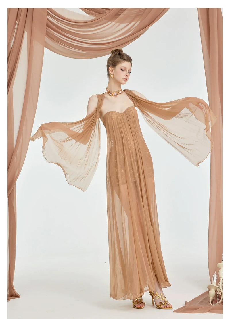 Thea Strapless Mesh Backless maxi Dress in brown