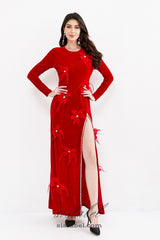 3d feather flower velvet maxi dress in red