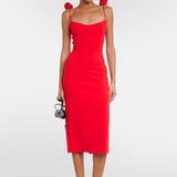 SPAGHETTI FLOWER MIDI DRESS IN RED