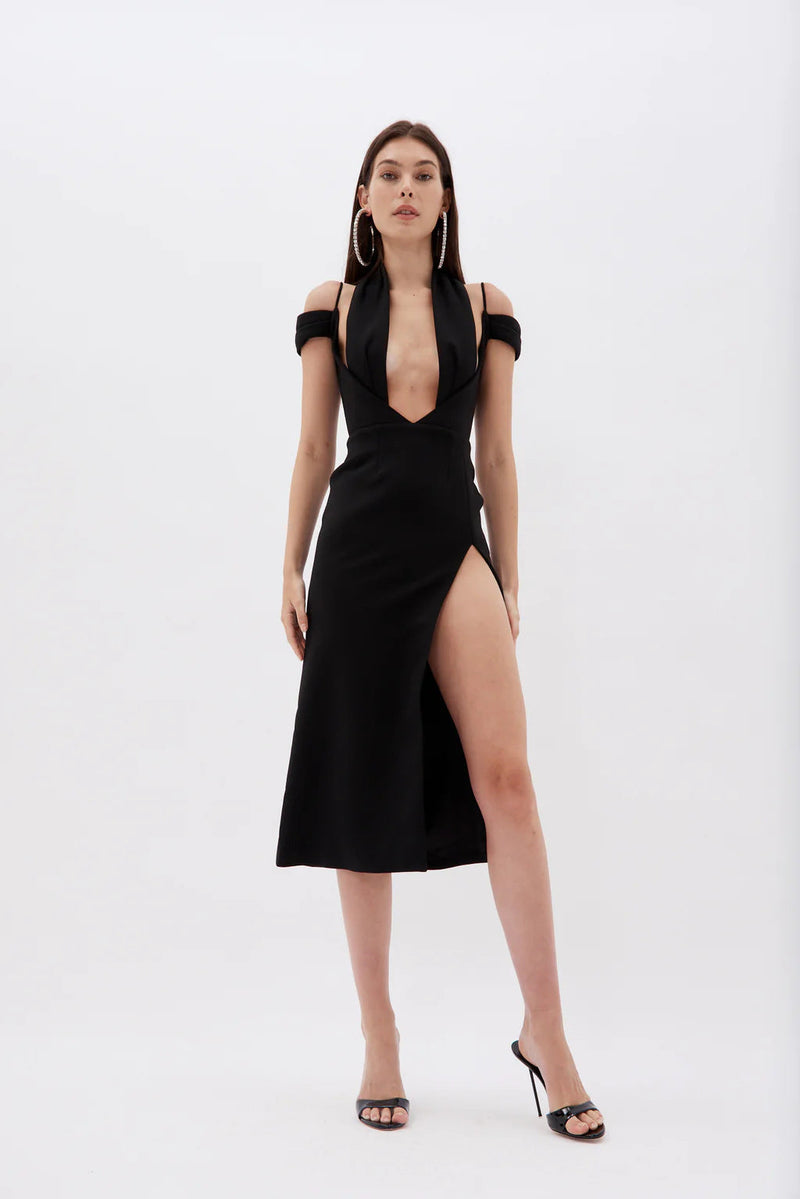 CROSS HALTER CUT OUT SLIT MIDI DRESS IN BLACK