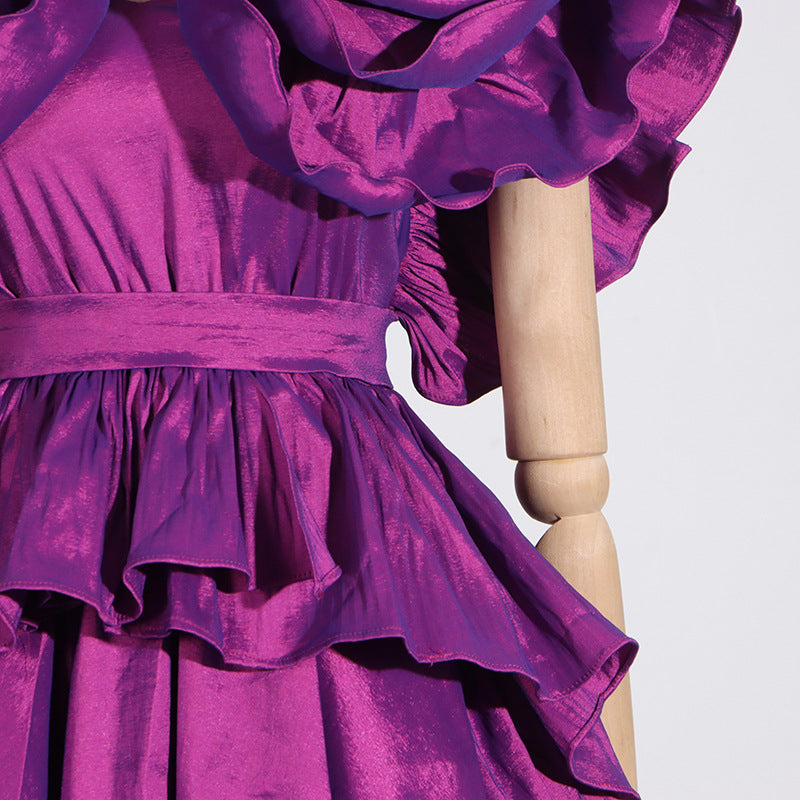 RUFFLES SATIN MINI DRESS IN PURPLE