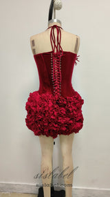 velvet corset floral mini skirt suit in red