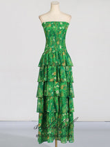 STRAPLESS LAYERED BANDEAU FLORAL PRINT MAXI DRESS IN GREEN