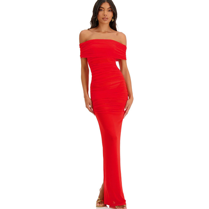 SHERRY OFF-SHOULDER TULLE BANDAGE MAXI DRESS IN RED