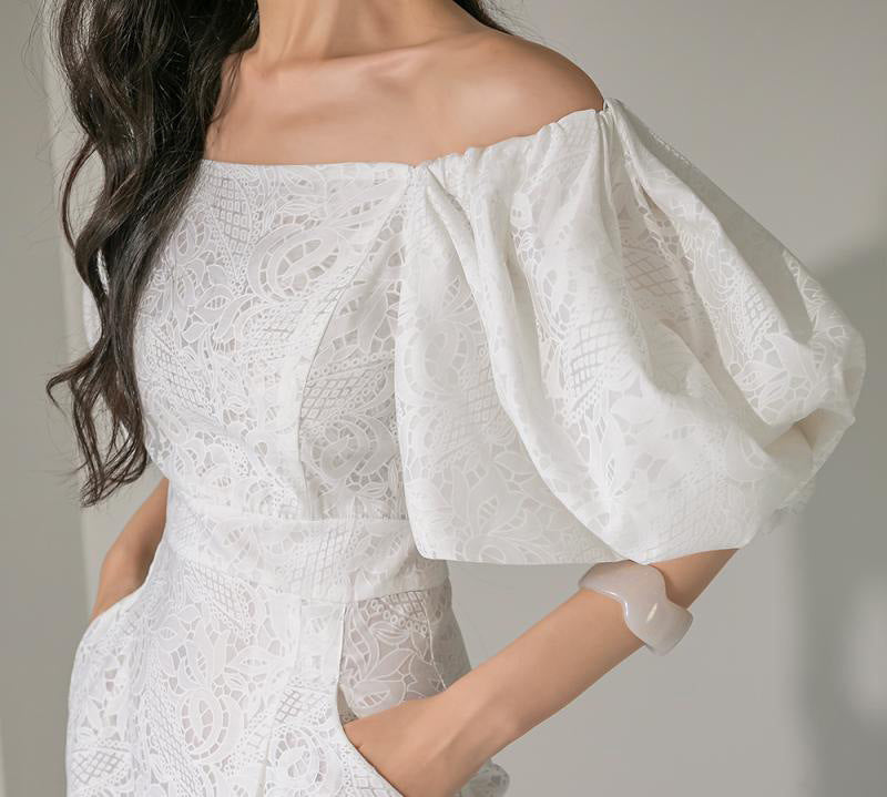 NATALIE PUFF SLEEVE OFF SHOULDER WHITE LACE MIDI DRESS