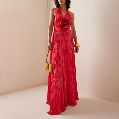 ALISON FLOWER DETAIL HALTERNECK MAXI DRESS IN BRIGHT RED