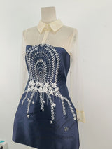 embroidered flower lapel tulle mini dress in dark blue