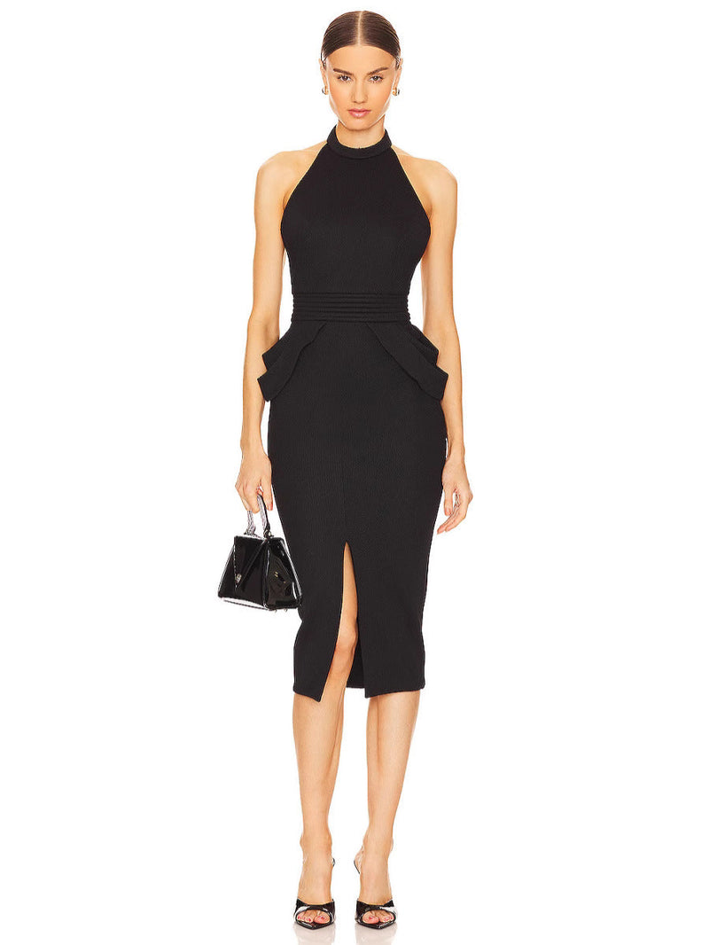 Rise Textured Halter Midi Dress in black