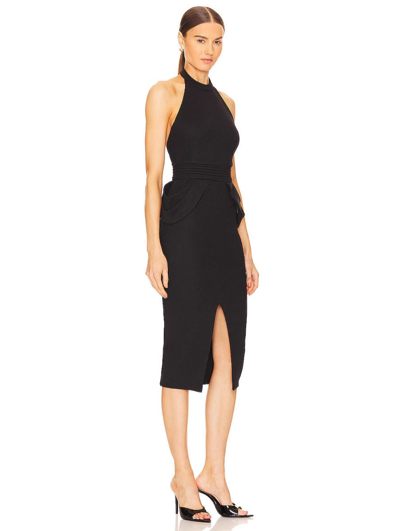 Rise Textured Halter Midi Dress in black