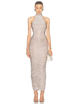 ruched sequin bodycon maxi dress in apricot