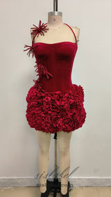 velvet corset floral mini skirt suit in red