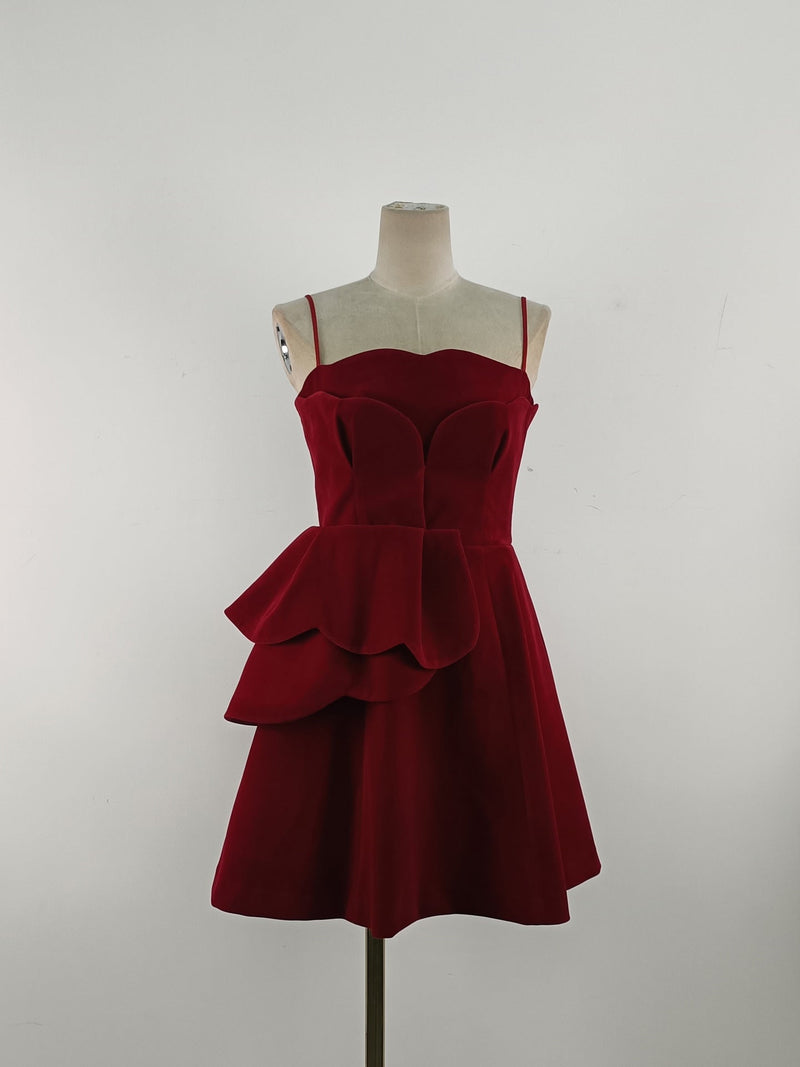 RUCHED TRIM VELVET MINI DRESS IN RUBY RED