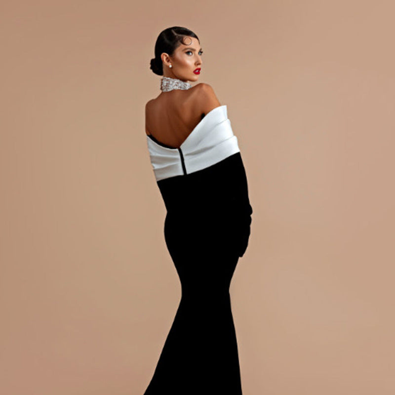 off neck backless diamond bandage black maxi dress