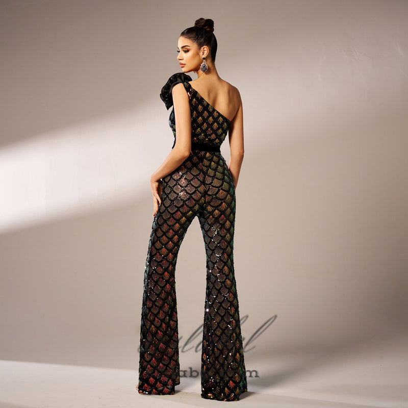 Mermaid Scale Floral One-Shoulder Sequin Jumpsuit