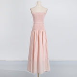 pleated belt chiffon strapless maxi dress in pale pink