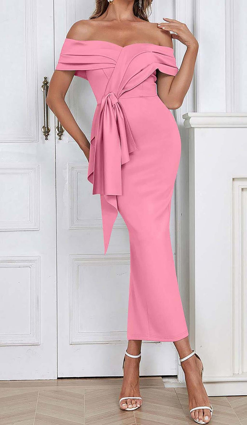 OFF SHOULDER SIDE SPLIT MIDI DRESS IN PINK