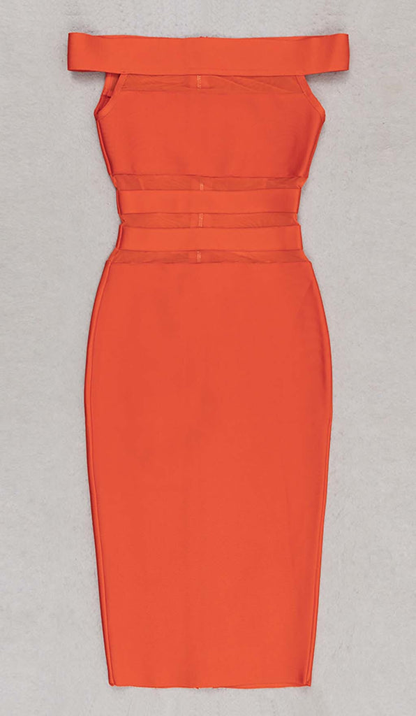 OFF-SHOULDER BANDAGE BODYCON MIDI DRESS IN RED