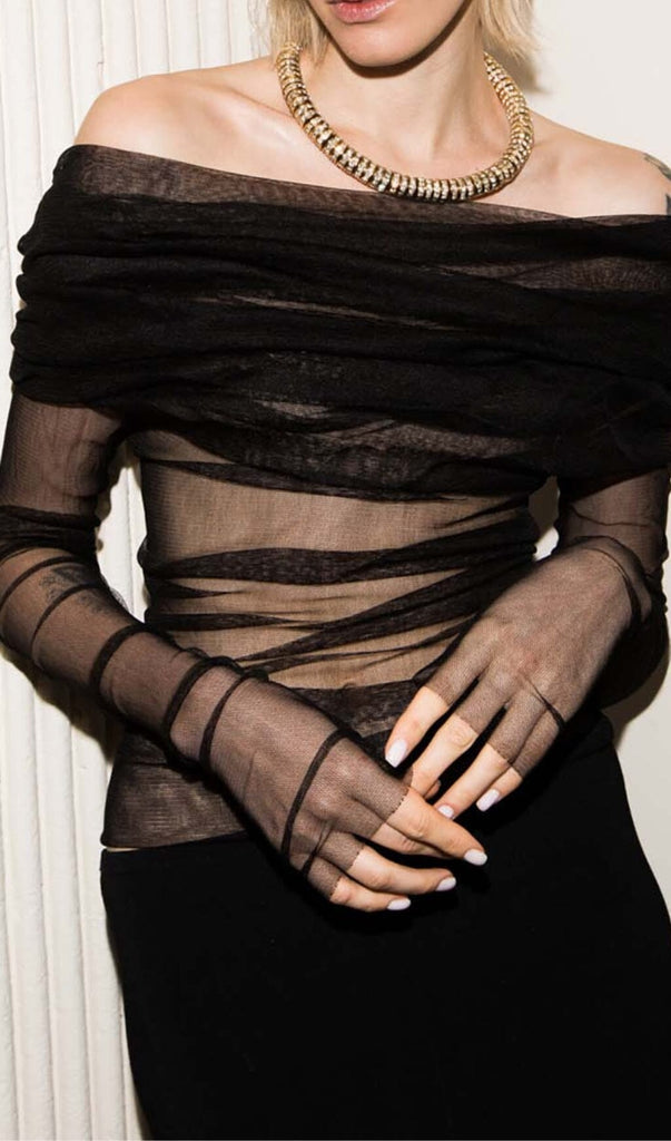 OFF THE SHOULDER MESH TOP IN BLACK