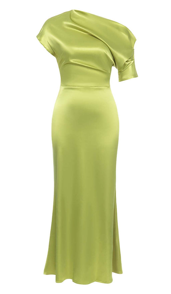 ONE SHOULDER SATIN SLIT MAXI DRESS IN GREEN