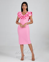 PLEATED RUFFLE BANDAGE MIDI DRESS IN PINK