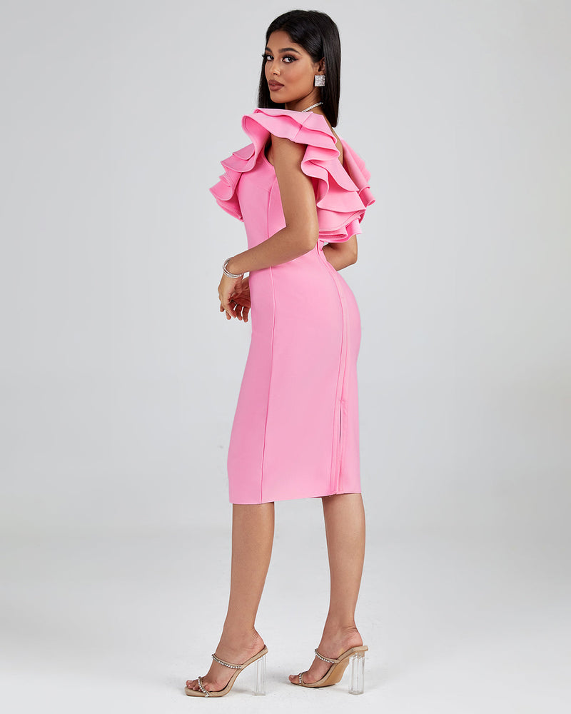 PLEATED RUFFLE BANDAGE MIDI DRESS IN PINK