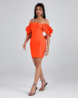 OFF SHOULDER MINI BANDAGE DRESS IN ORANGE