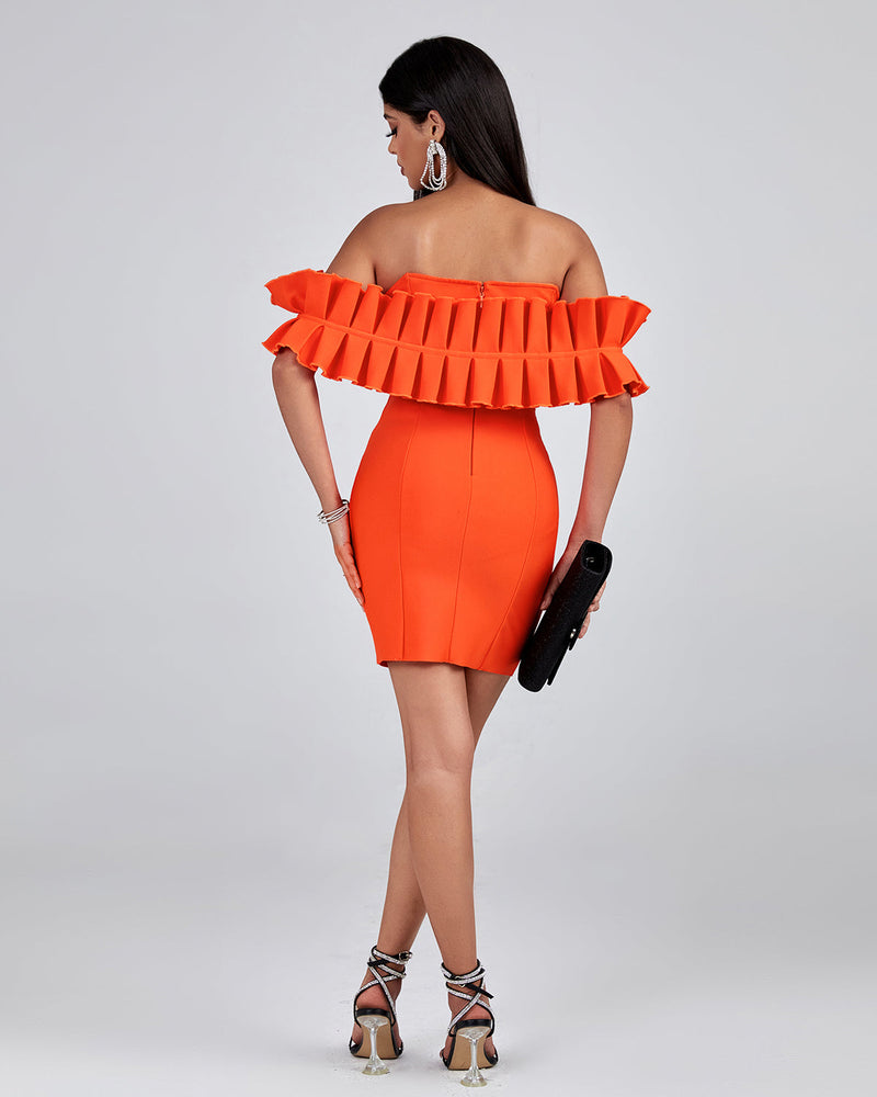 OFF SHOULDER MINI BANDAGE DRESS IN ORANGE