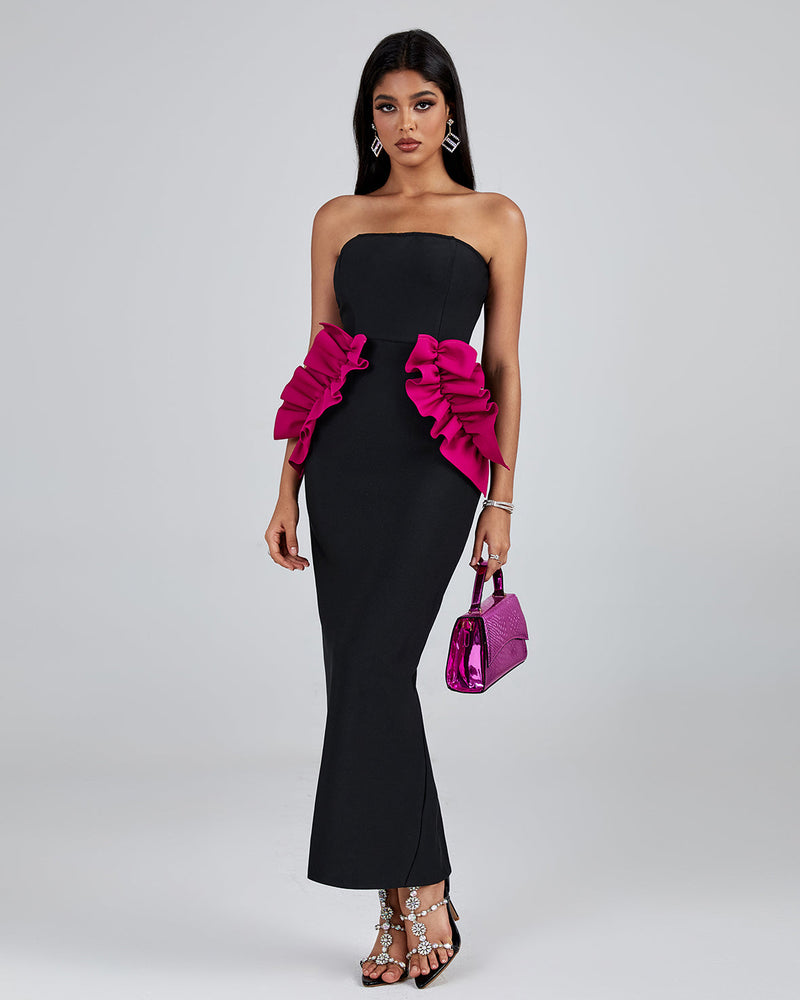 PLEATED ORNAMENTED BANDAGE MAXI DRESS IN BLACK