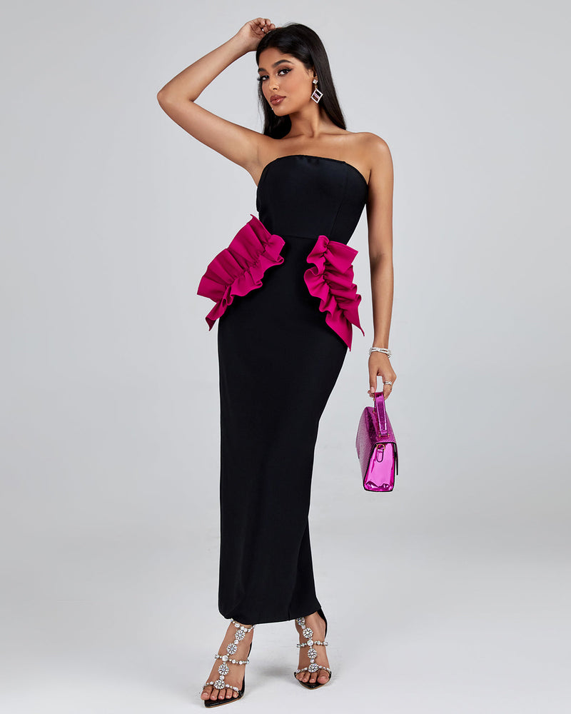 PLEATED ORNAMENTED BANDAGE MAXI DRESS IN BLACK