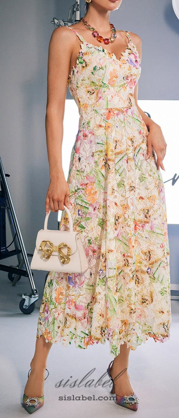 MULTICOLOR FLORAL EMBROIDERED MIDI DRESS