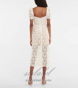 EMBELLISHED GUIPURE LACE MIDI DRESS IN WHITE