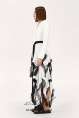 Asymmetric pleated ruffle trim blazer dress in white