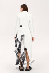 Asymmetric pleated ruffle trim blazer dress in white