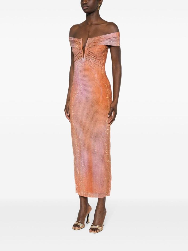 ORANGE CRYSTAL-EMBELLISHED BODYCON MIDI DRESS