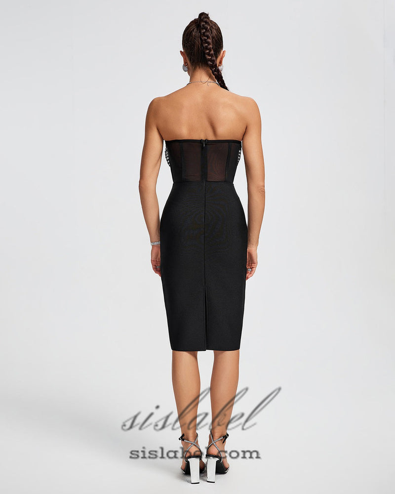 BLACK STRAPLESS LEAVES CORSET MIDI BANDAGE DRESS