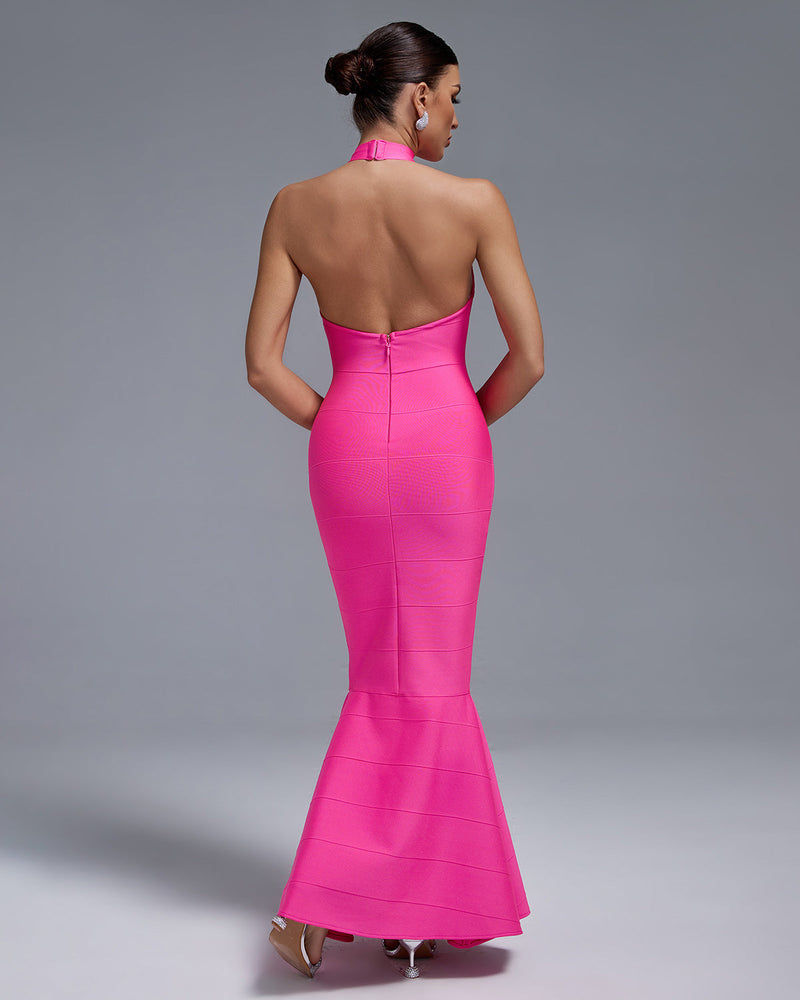 HALTER MAXI BANDAGE FISHTAIL DRESS IN PINK