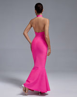 HALTER MAXI BANDAGE FISHTAIL DRESS IN PINK