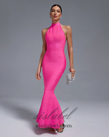 HALTER MAXI BANDAGE FISHTAIL DRESS IN PINK